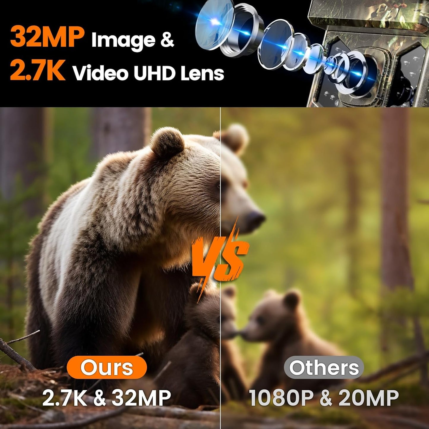 JETO Solar Trail Camera WiFi Bluetooth, 32MP 2.7K Game Camera with Night Vision Motion Activated 0.2s Trigger, IP66 Waterproof Wildlife Camera with 22pcs 850nm Low Glow Infrared LEDs Outdoor