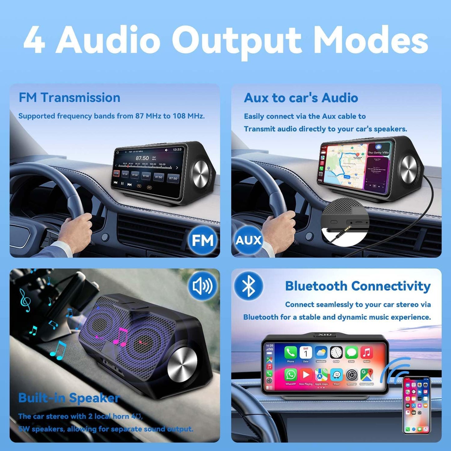 Portable Carplay Screen Wireless with Car Stereo - Compatible with Apple CarPlay & Android Auto, 7'' HD,Dual Speakers,Voice Control,GPS Navigation,Bluetooth Audio,Touchscreen,Mirror Link,AUX/FM