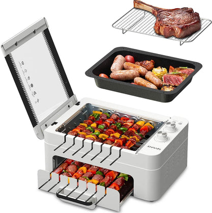 Indoor Grill Electric Smokeless - Indoor Tabletop BBQ Grill with Grill Pan & Grill Grate,Smokeless Rotating Rotisserie Grills for Kabob Skewers,Dual Zone Cooking,Removable,Temperature Control