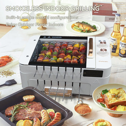 Indoor Grill Electric Smokeless - Indoor Tabletop BBQ Grill with Grill Pan & Grill Grate,Smokeless Rotating Rotisserie Grills for Kabob Skewers,Dual Zone Cooking,Removable,Temperature Control