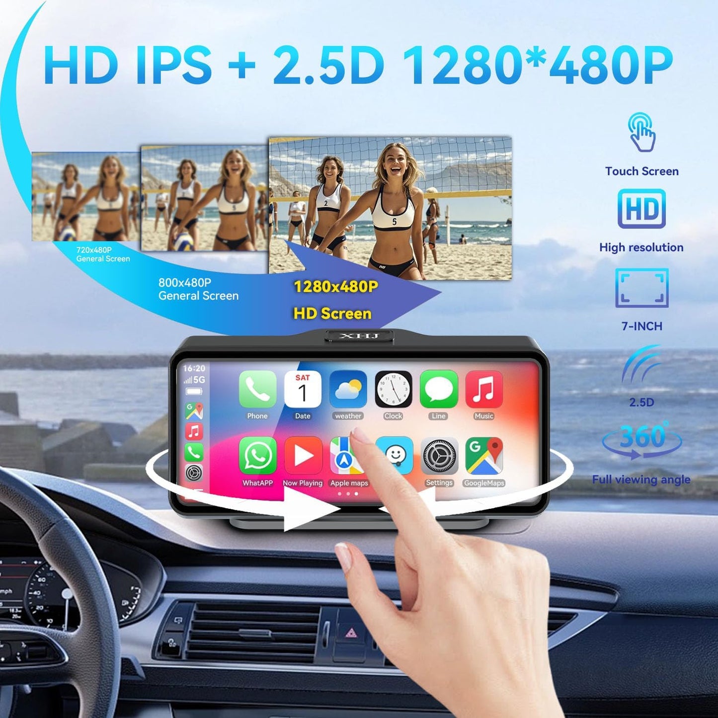 Portable Carplay Screen Wireless with Car Stereo - Compatible with Apple CarPlay & Android Auto, 7'' HD,Dual Speakers,Voice Control,GPS Navigation,Bluetooth Audio,Touchscreen,Mirror Link,AUX/FM