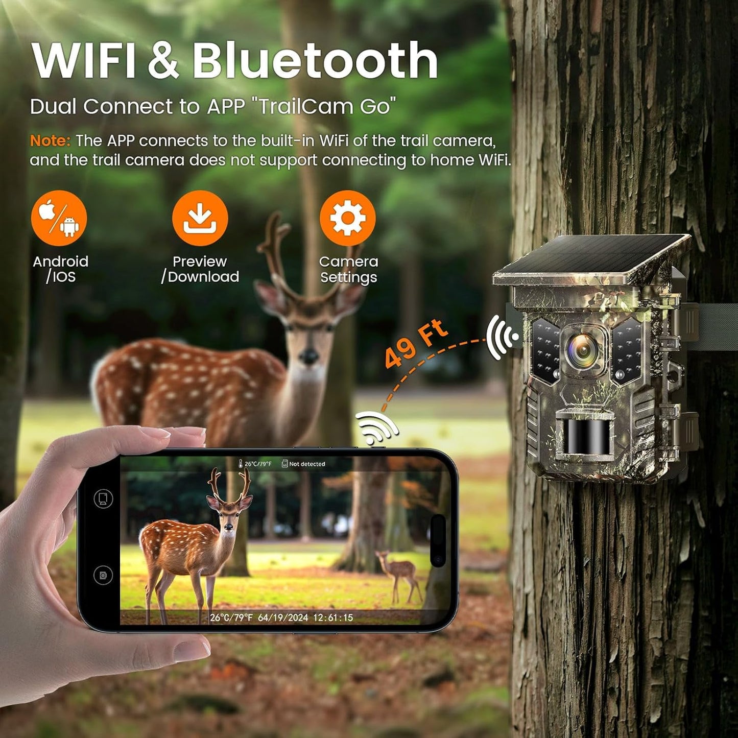 JETO Solar Trail Camera WiFi Bluetooth, 32MP 2.7K Game Camera with Night Vision Motion Activated 0.2s Trigger, IP66 Waterproof Wildlife Camera with 22pcs 850nm Low Glow Infrared LEDs Outdoor