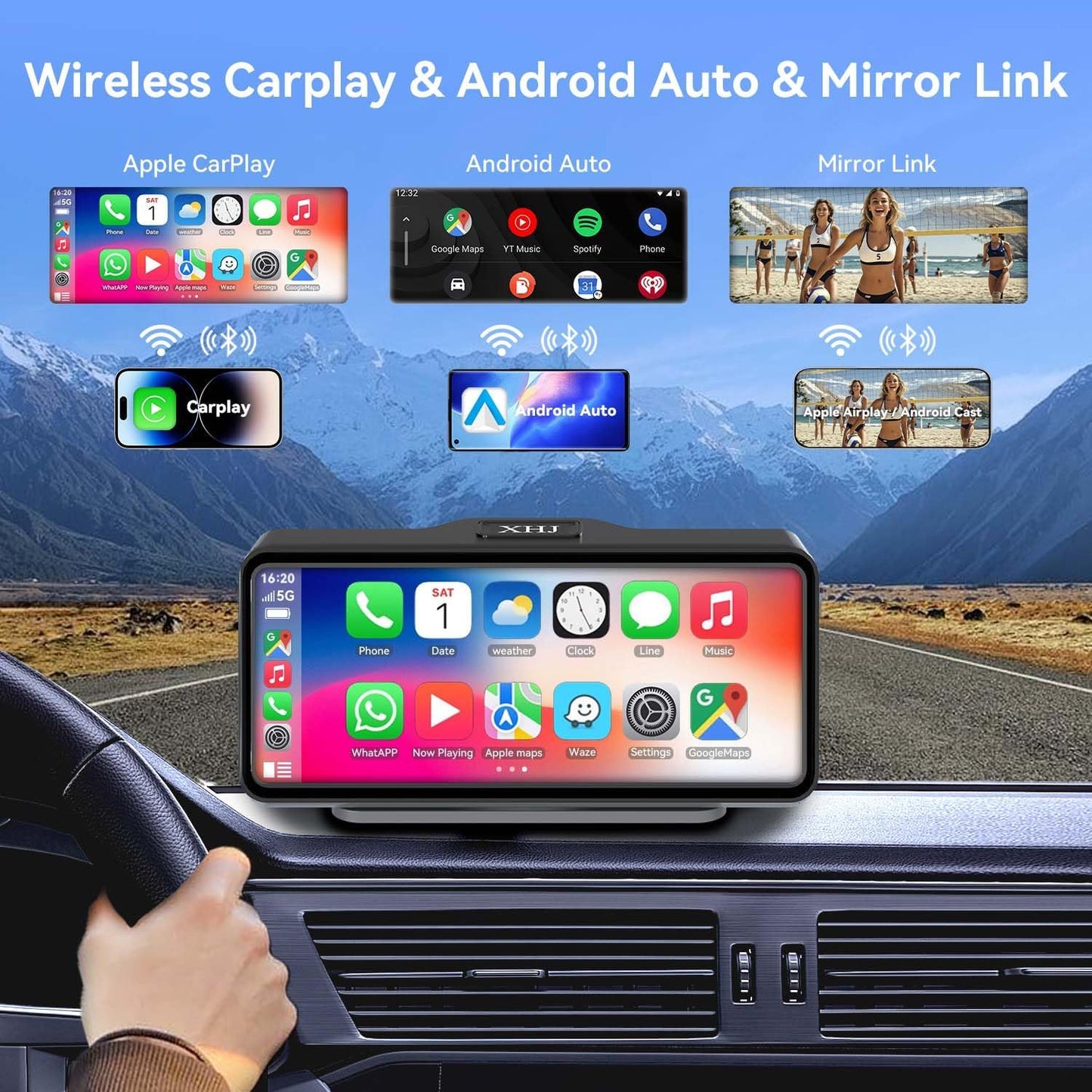 Portable Carplay Screen Wireless with Car Stereo - Compatible with Apple CarPlay & Android Auto, 7'' HD,Dual Speakers,Voice Control,GPS Navigation,Bluetooth Audio,Touchscreen,Mirror Link,AUX/FM