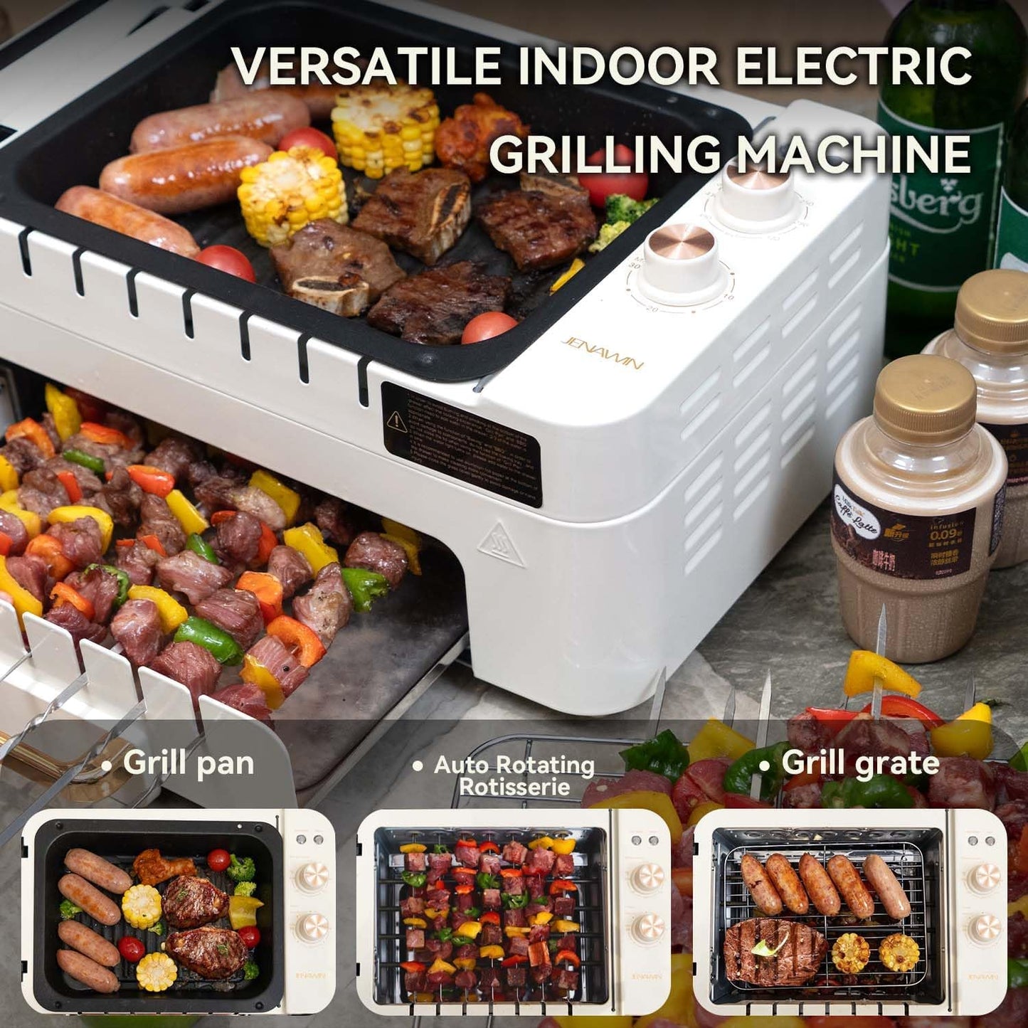 Indoor Grill Electric Smokeless - Indoor Tabletop BBQ Grill with Grill Pan & Grill Grate,Smokeless Rotating Rotisserie Grills for Kabob Skewers,Dual Zone Cooking,Removable,Temperature Control